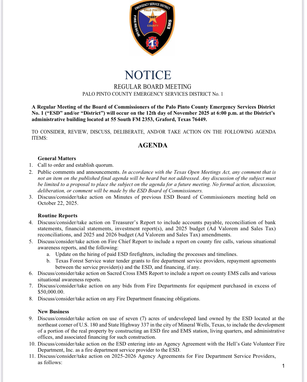 Board Meeting 11-12-2025 – Palo Pinto County ESD #1