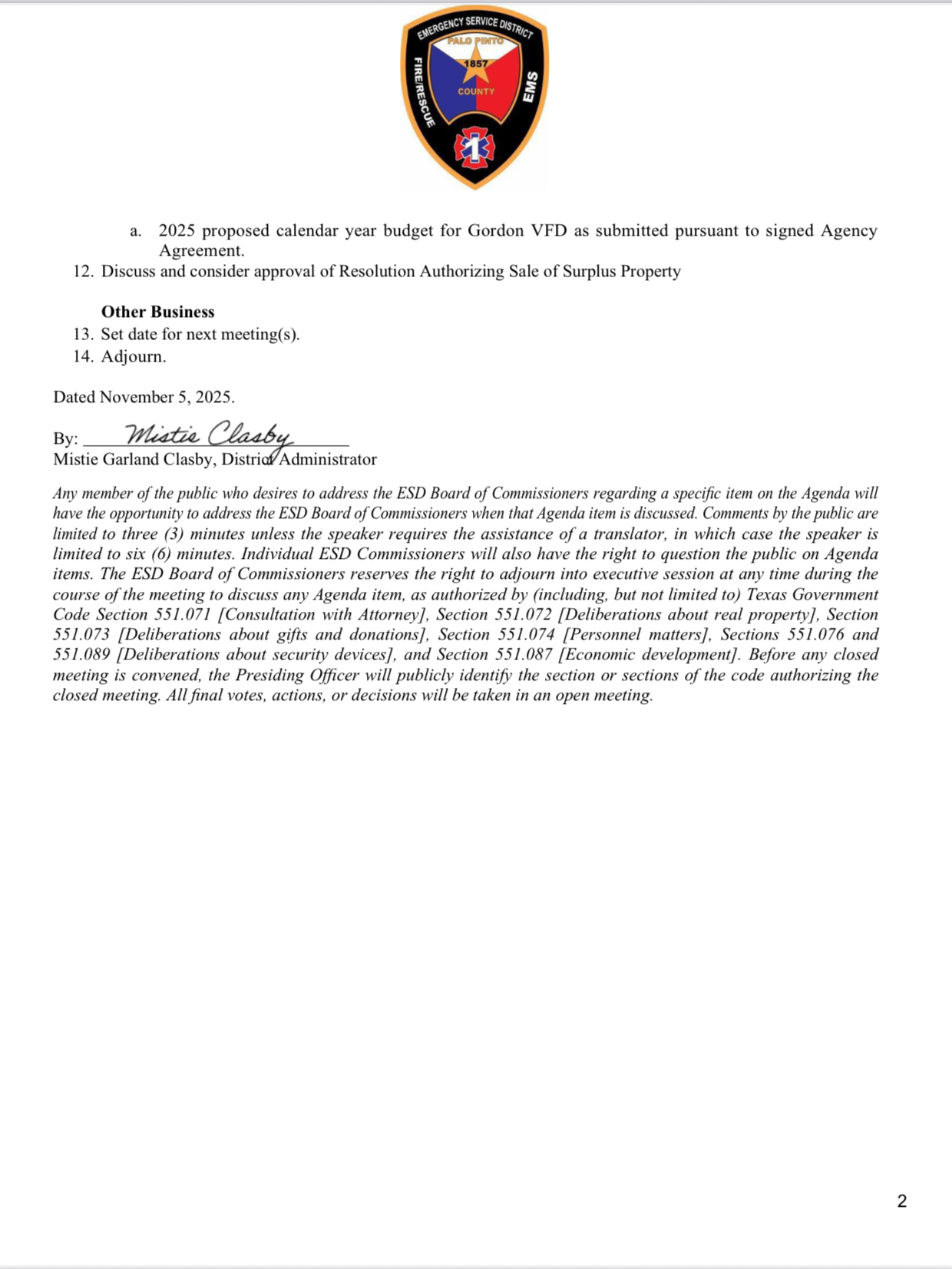 Board Meeting 11-12-2025 – Palo Pinto County ESD #1
