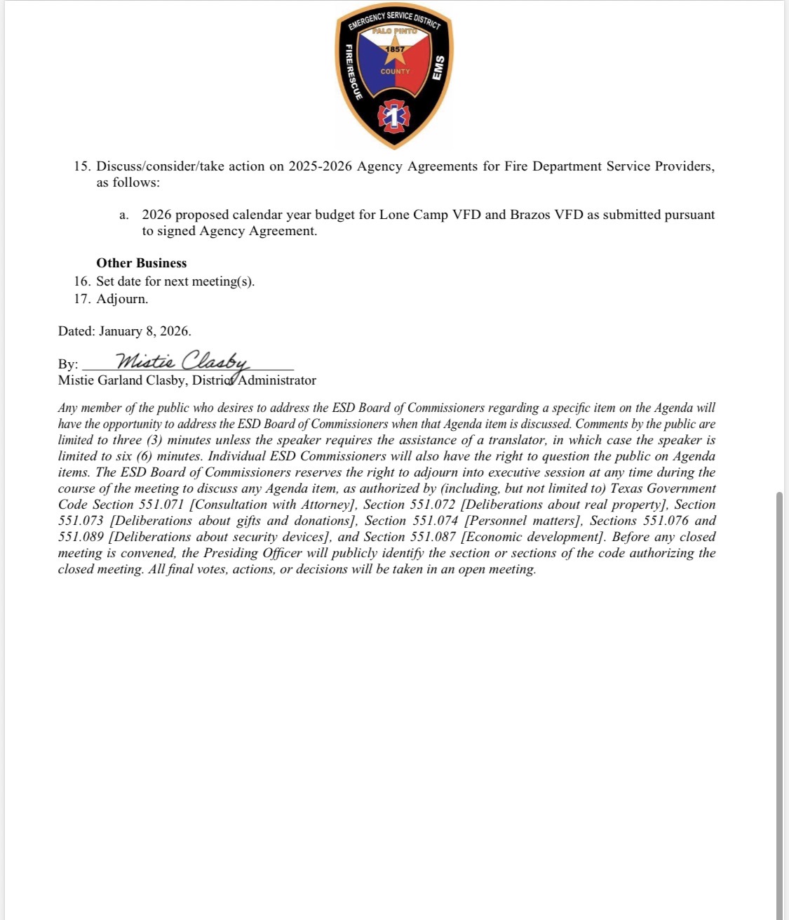 Board Meeting 1/14/2026 – Palo Pinto County ESD #1