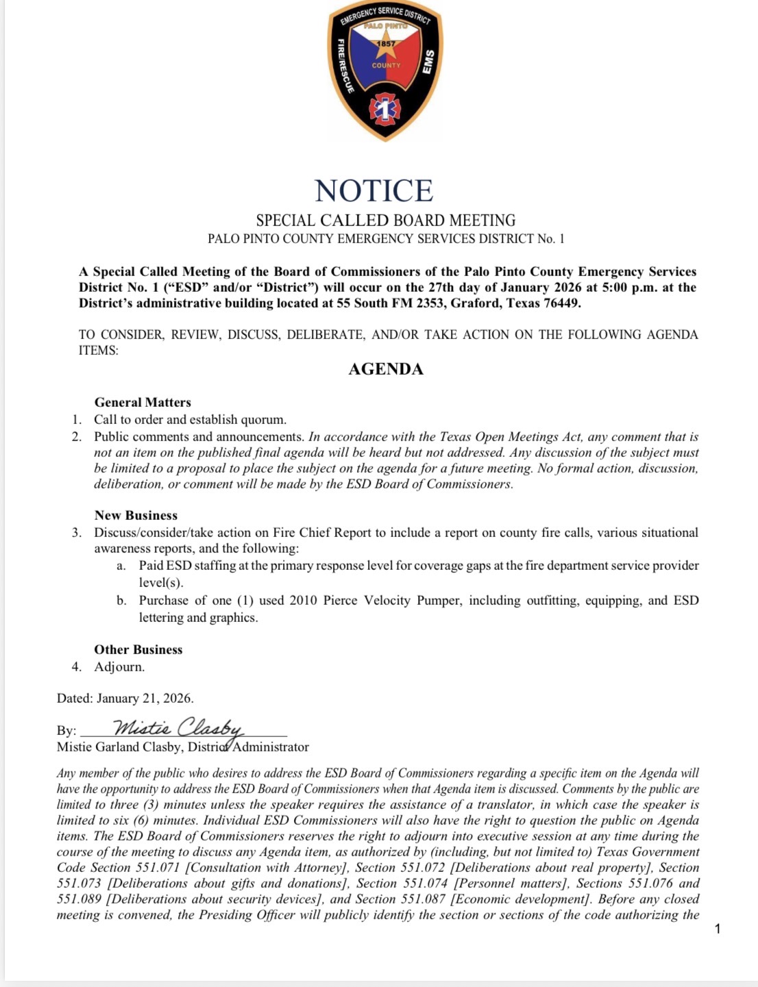 Special Called Board Meeting 1/27/2026 – Palo Pinto County ESD #1